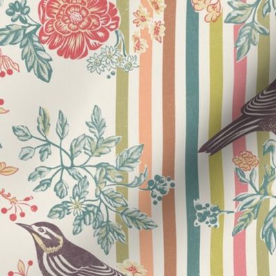 bird pair and roses on stripes - light and colorful