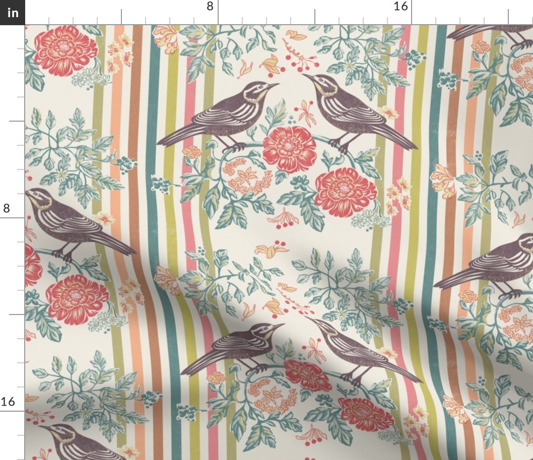 bird pair and roses on stripes - light and colorful