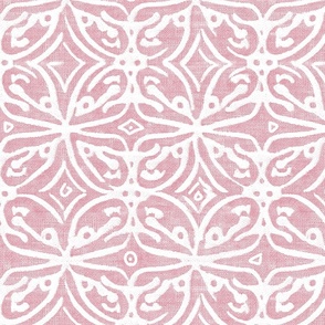 Boho Rubber Blockprint Off-white ornaments on pink with linen structure - medium scale