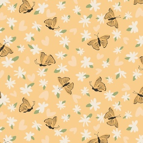 Cute Butterflies, Hearts and Flowers in Yellow for Crib, Nursury or Kids room