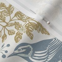 bird pair and roses on stripes - blue and gold