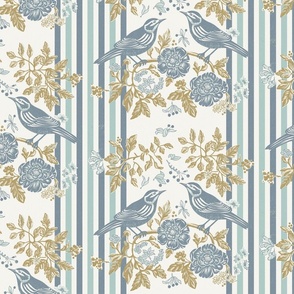 bird pair and roses on stripes - blue and gold