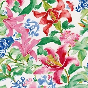 Famille rose  porcelain style tiger lilies chinoiserie