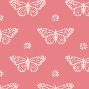 Monarch Butterflies & Milkweed Blossoms in dark pink & pale pink