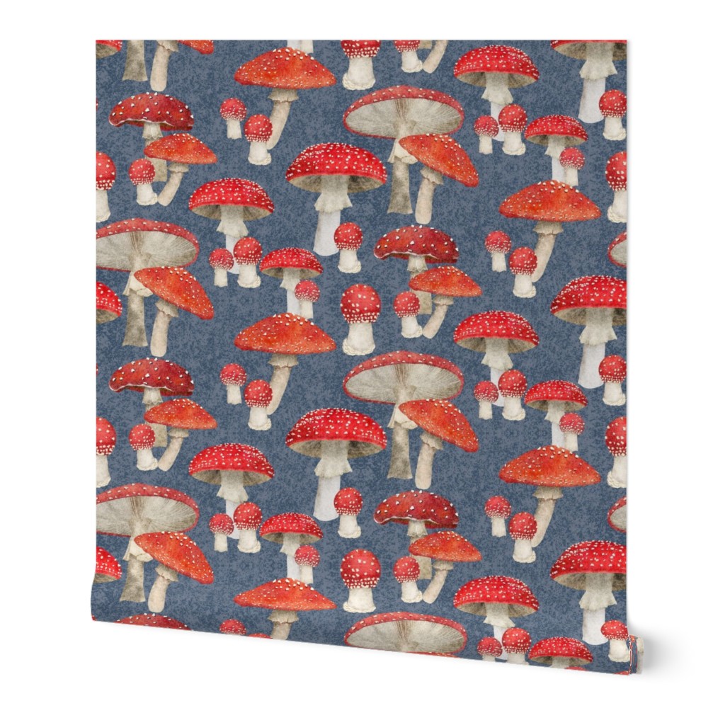 Red mushrooms on blue denim color - medium 10.5” 