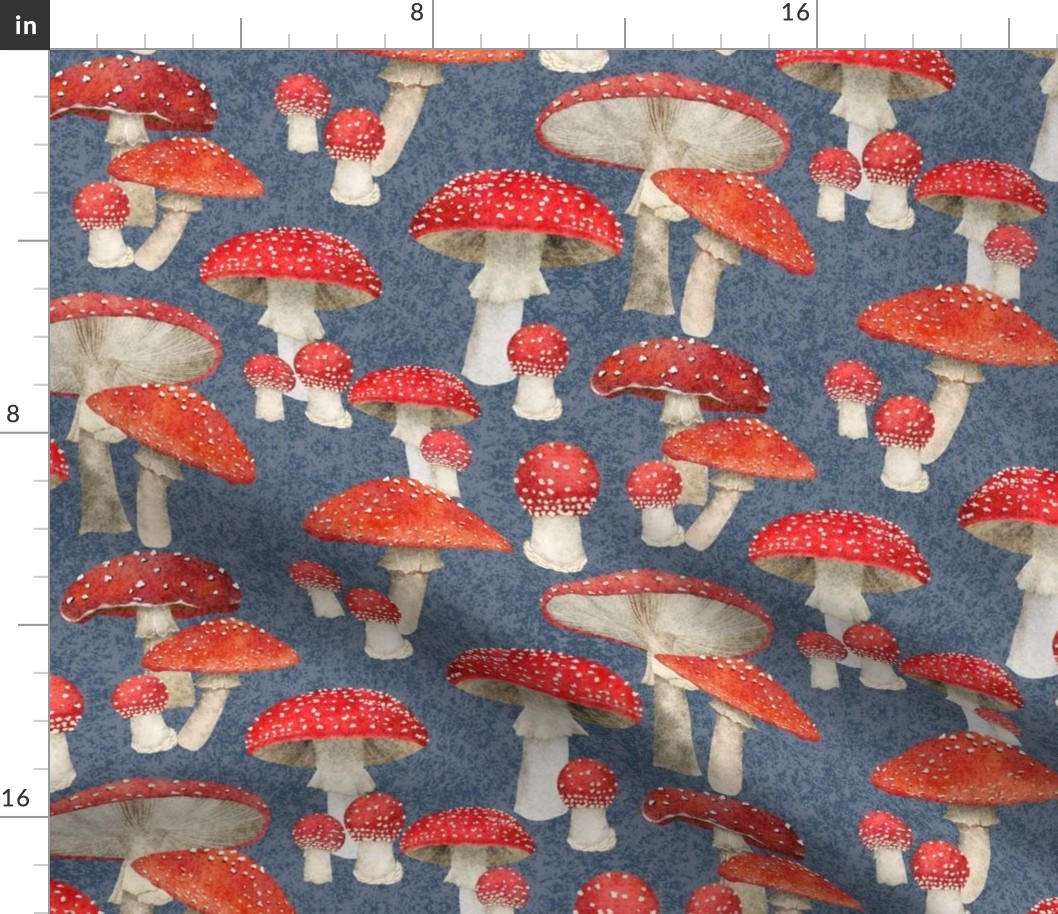 Red mushrooms on blue denim color - medium 10.5” 