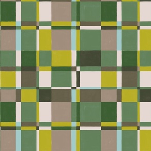 Modernist Painted Plaid 24x24 dark and bright greens and soft neutrals