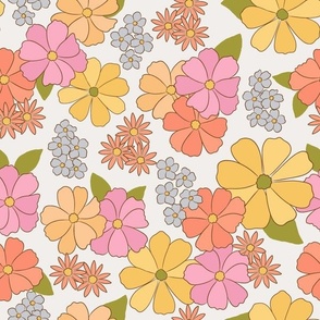 70s Retro Floral - pink, green and yellow