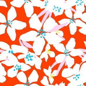 Orange Blossoms Tropical Red And White Flower Blooms With Pastel Pink And Turquoise Blue Retro Modern Botanical Fruit Tree Grandmillennial Floral Pattern