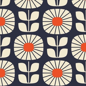 Scandinavian Daisy Burst - Navy and Bright Orange - Large