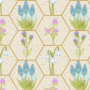Floral Garden in the Honeycomb // Green, Blue, Pink, Purple on Beige