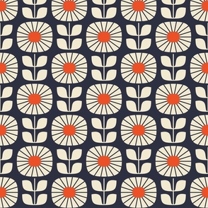 Scandinavian Daisy Burst - Navy and Bright Orange - Med