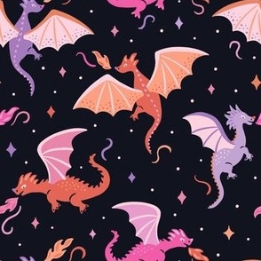 Winged dragons flying on outer space - cute fire breathing dragons - small scale