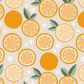 Slices or oranges and citrus blossom - summer fruit garden design on sand