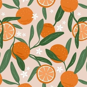 Lush citrus branches with oranges slices blossom and leaves on nude beige 