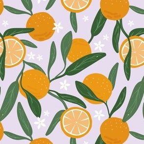 Lush citrus branches with oranges slices blossom and leaves on soft lilac 