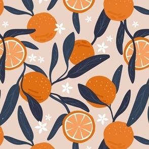 Lush citrus branches with oranges slices blossom and leaves orange blue navy on sand nude 