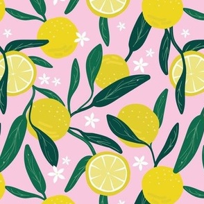 Lush citrus branches with lemons slices blossom and leaves yellow green on pink 