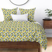 Lush botanical fruit garden - citrus branches fruits lemons and leaves retro yellow navy blue on ivory 