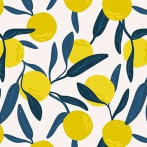 Lush botanical fruit garden - citrus branches fruits lemons and leaves retro yellow navy blue on ivory 