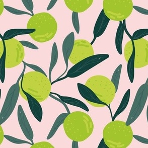 Lush botanical fruit garden - citrus branches fruits lime and leaves vintage green on blush 