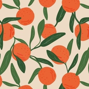 Lush botanical fruit garden - citrus branches fruits oranges and leaves vintage coral green on sand 