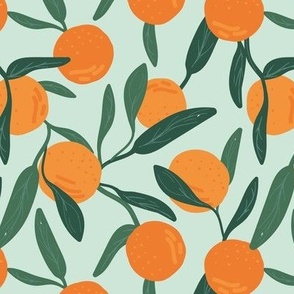 Lush botanical fruit garden - citrus branches fruits oranges and leaves vintage green orange on sea foam green 