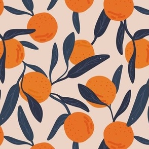 Lush botanical fruit garden - citrus branches fruits oranges and leaves vintage orange navy blue on sand 