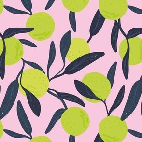 Lush botanical fruit garden - citrus branches fruits lime and leaves retro green navy blue on pink 
