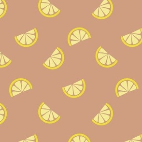 Retro style citrus slices lemons yellow on caramel 