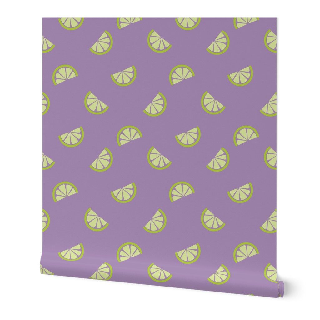 Retro style citrus slices lime green on lilac 