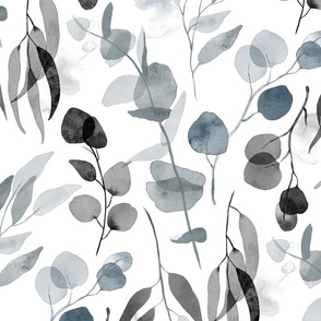 Eucalyptus Branches in Watercolor - duck egg blue and black, large 