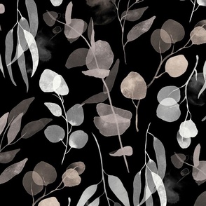 Eucalyptus Branches in Watercolor - neutral taupe on black, large 