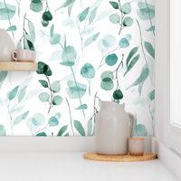 Eucalyptus Branches in Watercolor - aquamarine blue and green, large 