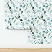 Eucalyptus Branches in Watercolor - aquamarine blue and green, large 