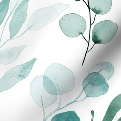 Eucalyptus Branches in Watercolor - aquamarine blue and green, large 