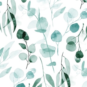 Eucalyptus Branches in Watercolor - aquamarine blue and green, large 