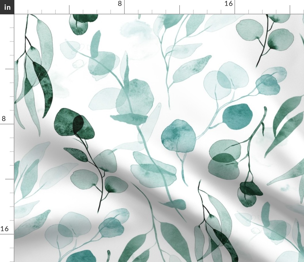 Eucalyptus Branches in Watercolor - aquamarine blue and green, large 