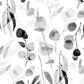 Eucalyptus Branches in Watercolor - silver, black, and white, large 