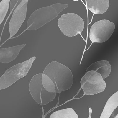Eucalyptus Branches in Watercolor - translucent silver on mid grey, large 