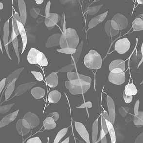 Eucalyptus Branches in Watercolor - translucent silver on mid grey, large 
