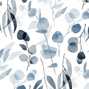 Eucalyptus Branches in Watercolor - crisp blue on white, large 