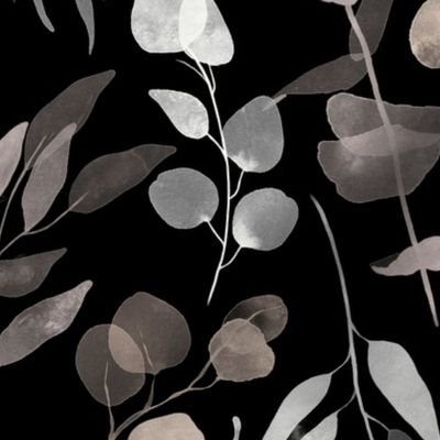 Eucalyptus Branches in Watercolor - neutral taupe on black