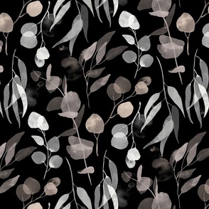 Eucalyptus Branches in Watercolor - neutral taupe on black