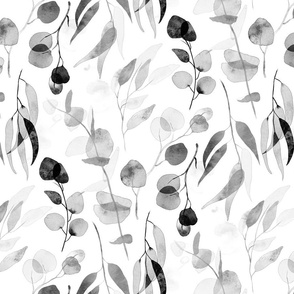 Eucalyptus Branches in Watercolor - silver, black, and white  