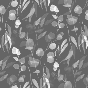 Eucalyptus Branches in Watercolor - translucent silver on mid grey  