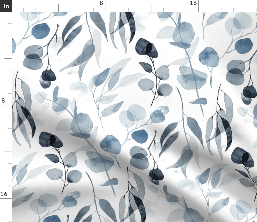 Eucalyptus Branches in Watercolor - crisp blue on white  