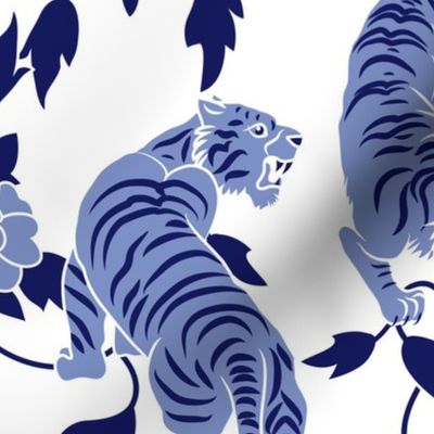 Tigers and Flowers Chinoiserie in Blue and White Medium