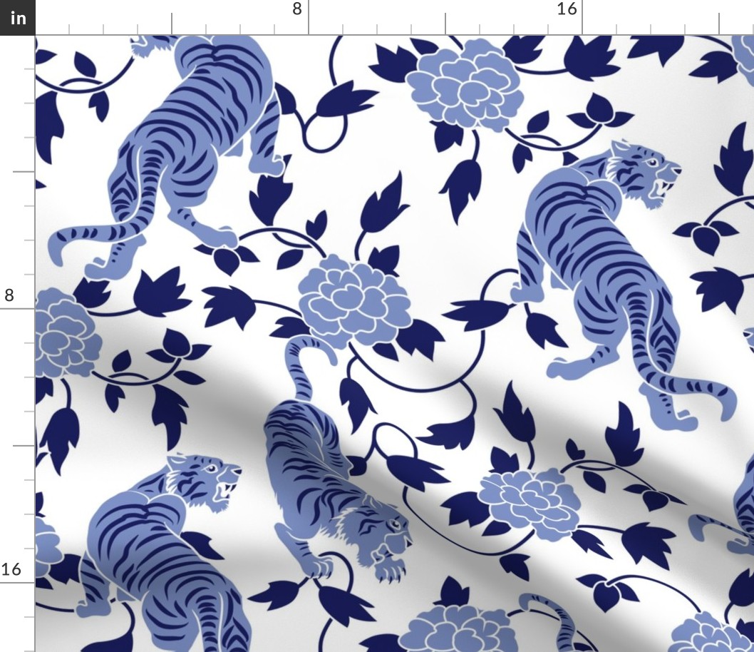 Tigers and Flowers Chinoiserie in Blue and White Medium