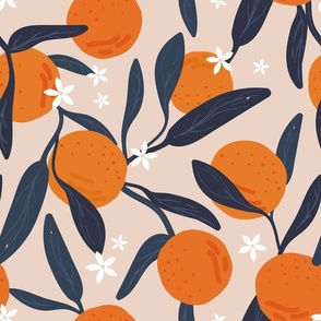 Colorful citrus garden summer fruit design  kitchen wallpaper flowers and oranges  navy blue on sand